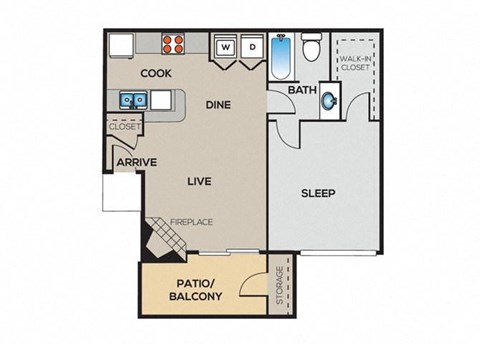 Floor plan for 1 bed, 1 bath, 662 sqft